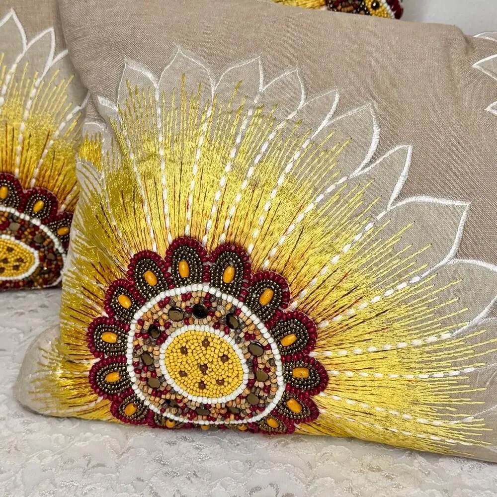 Pier 1 Imports Pillows Lumbar Throw Embroidered Beaded Sunflowers Two 19” x 14”